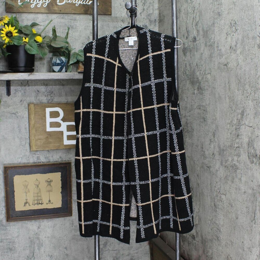 NWT Cj Banks Womens Plaid Fuzzy Knit Duster Sleeveless Cardigan Black Multi 1X